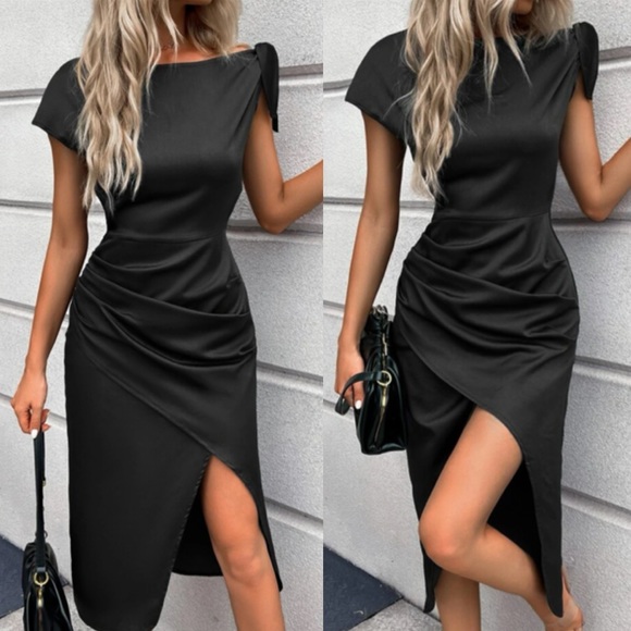 Dresses & Skirts - Luxe asymmetrical hem tulip sleeve satin midi dress